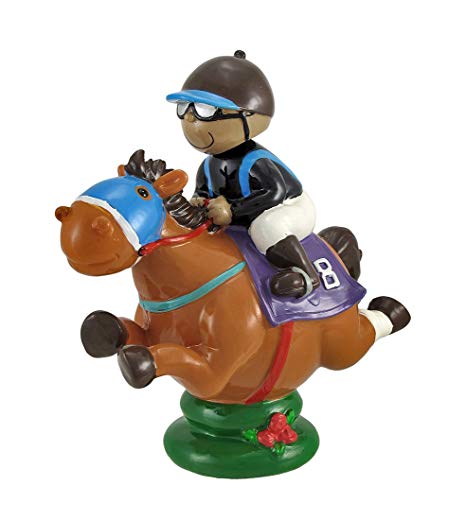 Resin Toy Banks Bobble Head Jockey On Tan Race Horse Coin Bank 7.5 X 7.5 X 3.75 Inches Multicolored