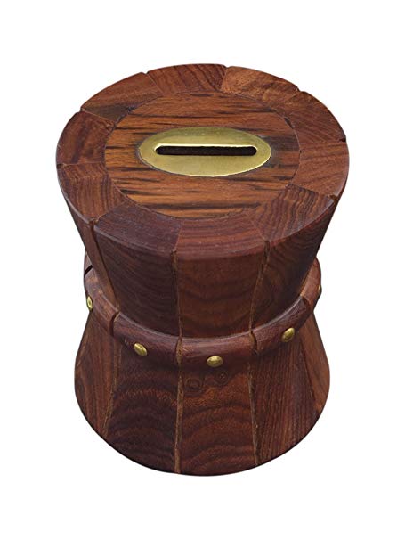 Store Indya – Drum Shaped Money Box – Wooden Safe and Secure Piggy Bank – Money Bank for Kids and Adults