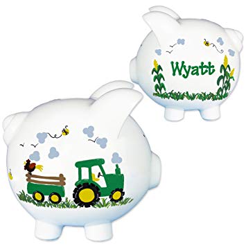 Hand Painted Personalized Green Tractor Piggy Bank for boys farm nursery