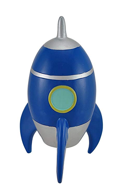 Resin Toy Banks Blue And Silver Rocket Ship Coin Bank 5.5 X 9 X 5.5 Inches Blue