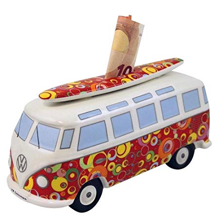 VW Collection by BRISA VW Bus T1 Moneybank with Surf Board I Scale: 1:18 I Red/Bubbles