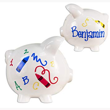 Child's Piggy Bank with Crayon Design Hand Painted Personalized Large White Ceramic Piggybank...