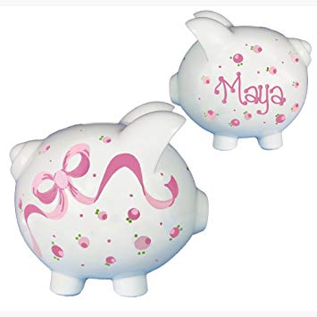 Girl's Hand Painted Piggy Bank Personalized Pink Bow Design Room Décor