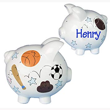 Personalized Sports Piggy Bank Hand Painted Large White Ceramic Piggybank by My Bambino - soccer...