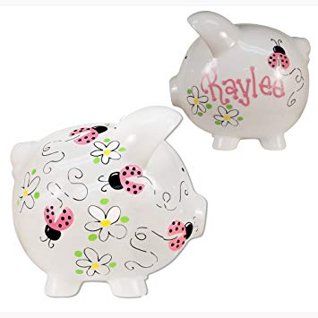 Girl's Hand Painted Personalized Pink Ladybug Piggy Bank - large white ceramic piggybank baby gift