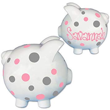 Hand Painted Personalized Piggy Bank Pink Gray Polka Dots customized for kids