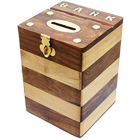 Dual Tone Square Wooden Piggy Bank Money Box Handmade with Lid and Brass Inlay by RoyaltyRoute