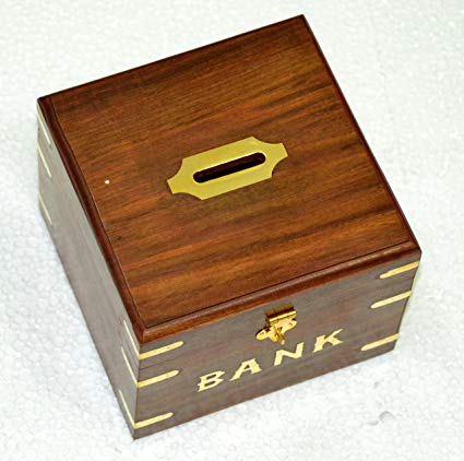 Brass Nautical Indian Coin Bank Money Saving Box - Banks for Kids & Adults - Wood Vacation Piggy Bank