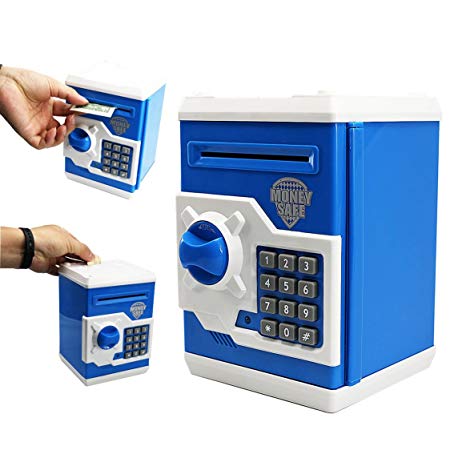 SZAT Funky Quality Electronic Money Bank Piggy Money Locker Coins Cashes Auto Insert Bills Safe Box Password ATM Bank Saver(Blue)
