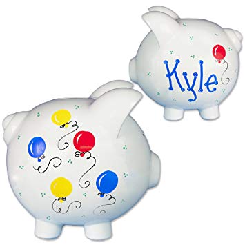 Hand Painted Child's Personalized Piggy Bank Round Balloons primary colors birthday gift