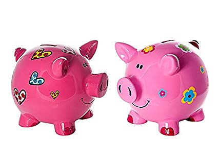 Mousehouse Gifts Set 2 Large Big Pink Pig Money Box Toy Coin Savings Piggy Bank with Hearts and Flowers for Kids Adults Children Present Gift for Girls