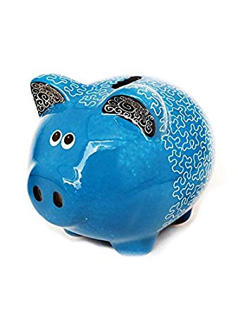 Large Money Saving Piggy Bank, 'Puzzle Blue' Hand Made & Hand Painted, Premium Ceramic, Gift Box...