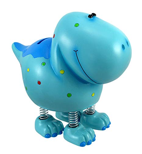 Zeckos Resin Toy Banks Smiling Blue Polka Dotted Dinosaur With Spring Legs Childrens Coin Bank 7 X 6.25 X 4 Inches Blue