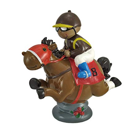 Resin Toy Banks Bobble Head Jockey On Brown Race Horse Coin Bank 7.5 X 7.5 X 3.75 Inches Multicolored
