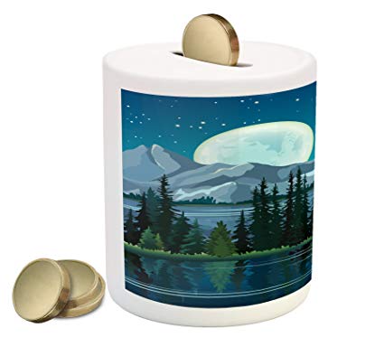 Lunarable Landscape Piggy Bank, Pine Forest Near the Lake Mountains Pastoral Nature Cartoon Style Night Scenery, Printed Ceramic Coin Bank Money Box for Cash Saving, Multicolor