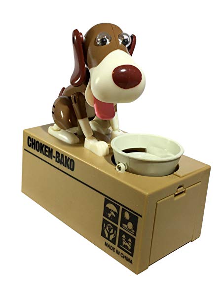 Happy Puppin Choken Bako Robotic Dog Bank Doggy Coin Bank & Money Box (White & Brown)
