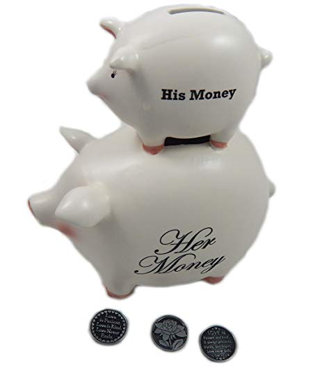 Funny Wedding/Bridal Shower Gift His/Her Ceramic Piggy Bank 8 Inch with 3 Token Coins by Young's