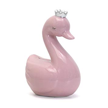 Child to Cherish Ceramic Swan Piggy Bank with Silver Crown, Pink