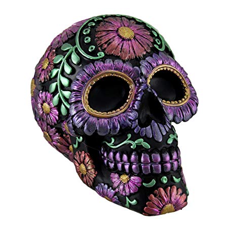 Zeckos Resin Toy Banks Black And Purple Metallic Finish Day Of The Dead Sugar Skull Coin Bank 7.75 X 6 X 5.75 Inches Purple