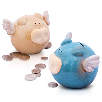 SPRING SALE! Unique Flying Pig Ceramic Piggy Bank For Kids Boys Girls Teens & Adults Savings (Blue)