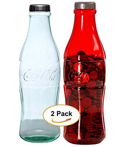 2 Pack Bundle Coca-Cola Coke Bottle Bank for Saving and Storing Coins - Bundle Includes: 1 Clear and 1 Red 12 Inch Coin Bank