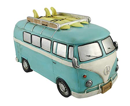 Zeckos Resin Toy Banks Blue Retro Surfer Van With Peace Signs Coin Bank 11.5 X 7 X 6 Inches Blue