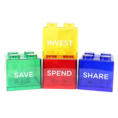 Colorful Stacking Block Coin Bank For Kids - Helps Kids Save, Share, Give and Invest - Transparent Plastic Bank Shows Cash Inside - Teaches Good Money Habits - Perfect As Kids Birthday Presents