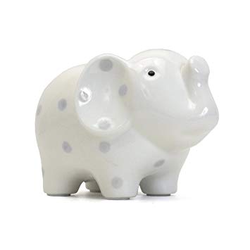 Child to Cherish Ceramic Elephant Piggy Bank, White with Gray Polka Dots