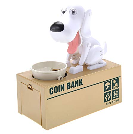 PowerTRC My Dog Piggy Bank Cute Robotic Coin Munching Stealing Money Box (White)