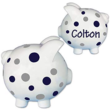 Hand Painted Personalized Piggy Bank- Navy & Gray Dots nursery gift for children customized