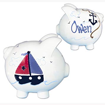 Hand Painted Personalized Sailboat Piggy Bank - child's large white ceramic piggybank for nautical nursery