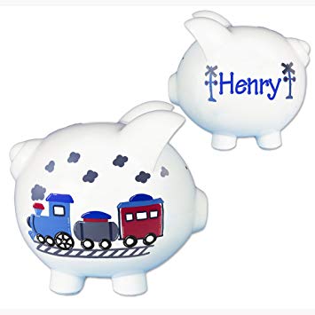 Boy's Hand Painted Personalized Train Piggy Bank White Ceramic Piggybank