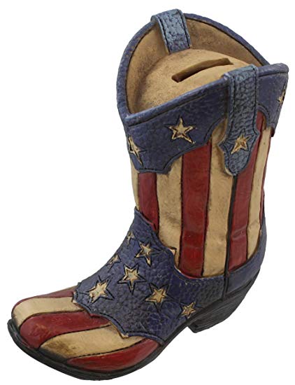 Rustic Western USA Flag Cowboy Boot Piggy Coin Bank - Patriotic Red White & Blue American Decor