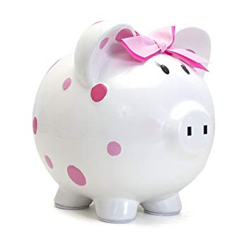 Child to Cherish Ceramic Polka Dot Piggy Bank for Girls, White with Pink